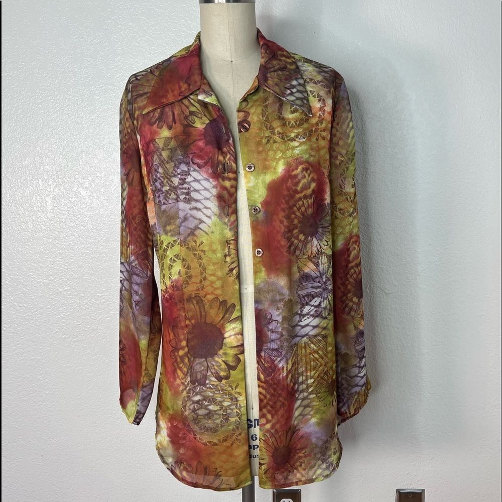 Vintage Express Y2K 90s digital art multicolor boho sheer shirt top S